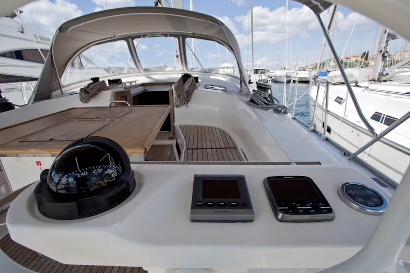 Cockpit of Bonata, a Bavaria Cruiser 45 sailboat at Grad Šibenik, Croatia