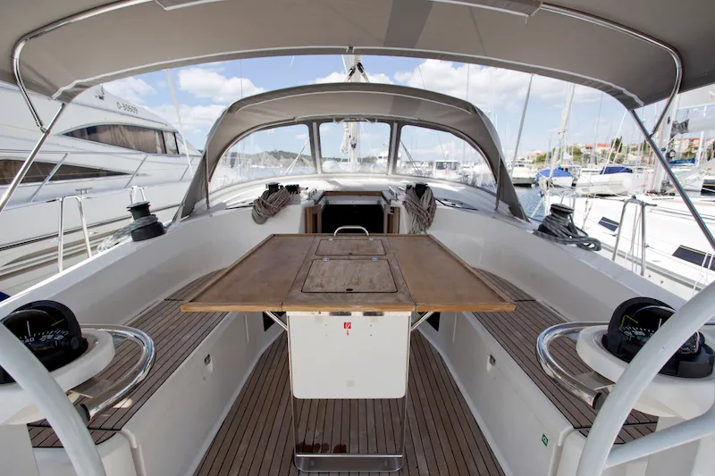 Cockpit of Bonata, a Bavaria Cruiser 45 sailboat at Grad Šibenik, Croatia