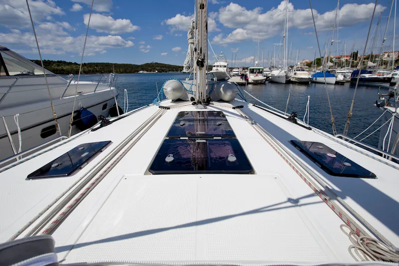 Deck of Bonata, a Bavaria Cruiser 45 sailboat at Grad Šibenik, Croatia