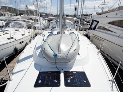 Deck of Bonata, a Bavaria Cruiser 45 sailboat at Grad Šibenik, Croatia
