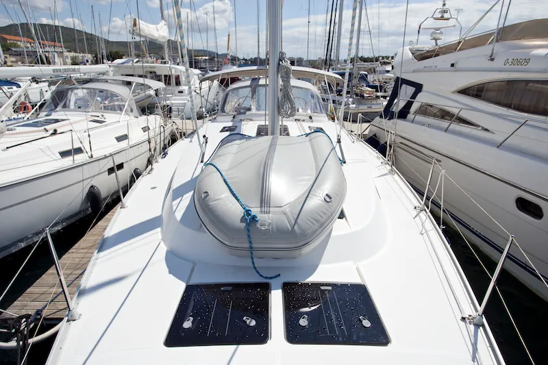 Deck of Bonata, a Bavaria Cruiser 45 sailboat at Grad Šibenik, Croatia
