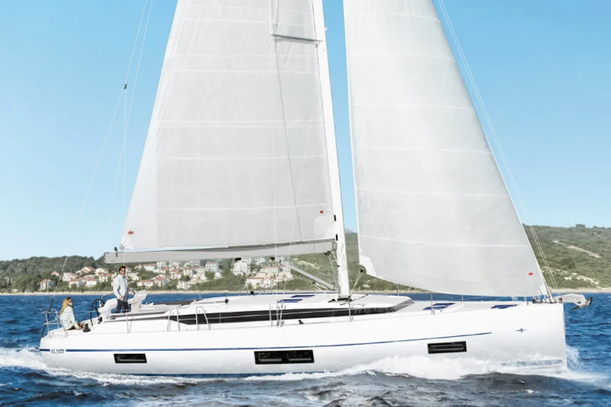 Exterior view of Simeon, a Bavaria C45 sailboat at Parikia, Greece