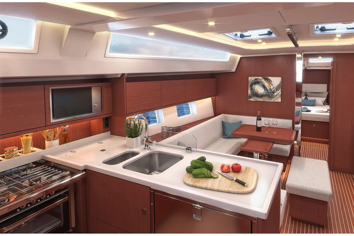 Galley of Simeon, a Bavaria C45 sailboat at Parikia, Greece
