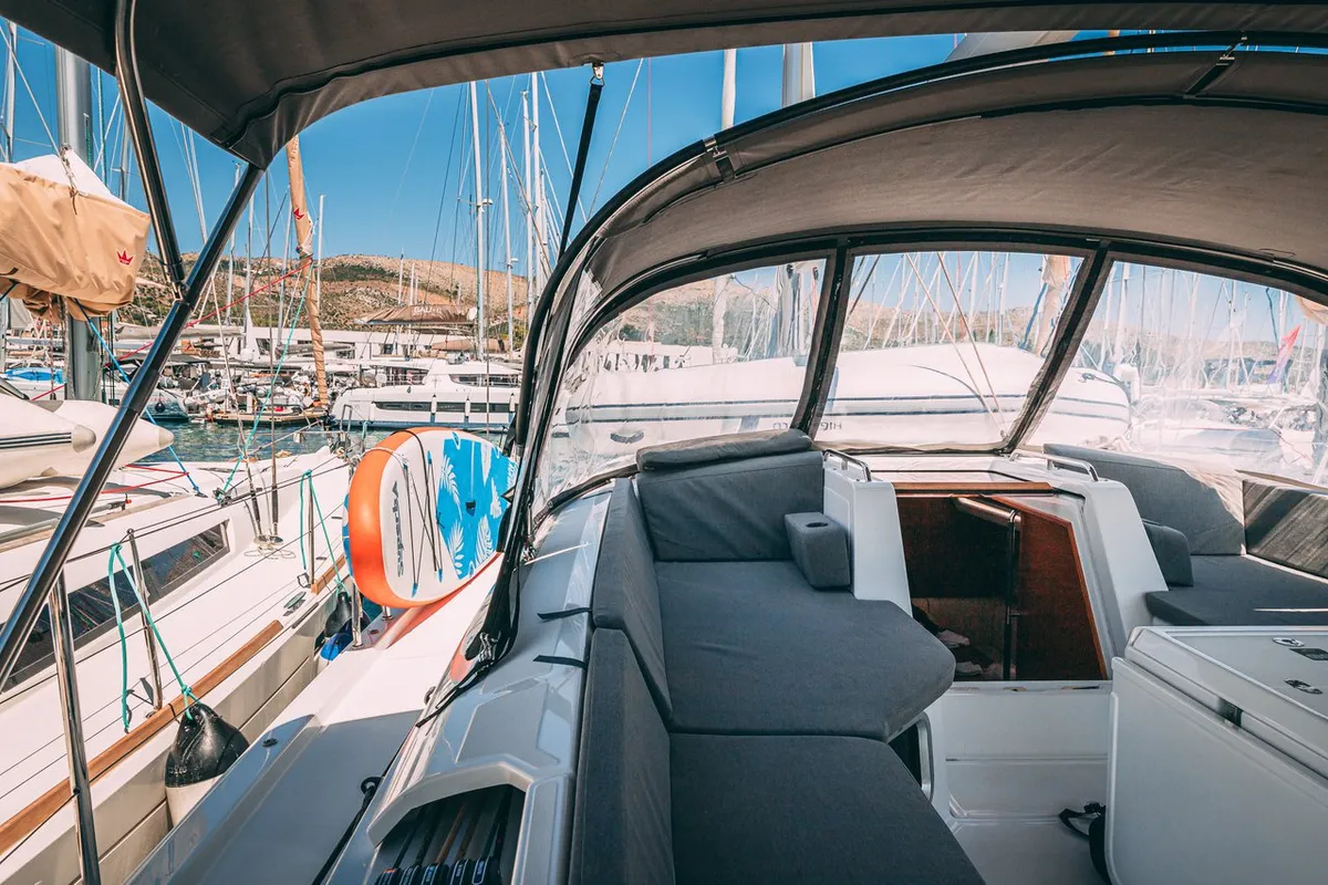 Deck of Cielito Lindo, a Jeanneau 54 sailboat at Seget Donji, Croatia