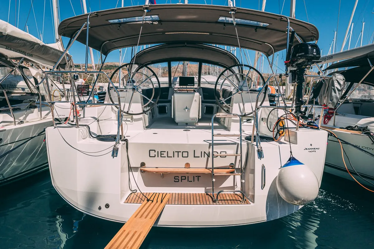 Exterior view of Cielito Lindo, a Jeanneau 54 sailboat at Seget Donji, Croatia