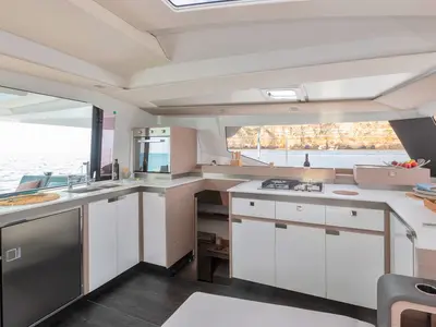 Galley of Fugu II, a Fountaine Pajot Elba 45 catamaran at Municipal Unit of Rhodes, Greece