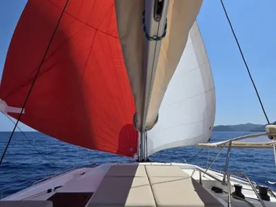 Deck of Fugu II, a Fountaine Pajot Elba 45 catamaran at Municipal Unit of Rhodes, Greece