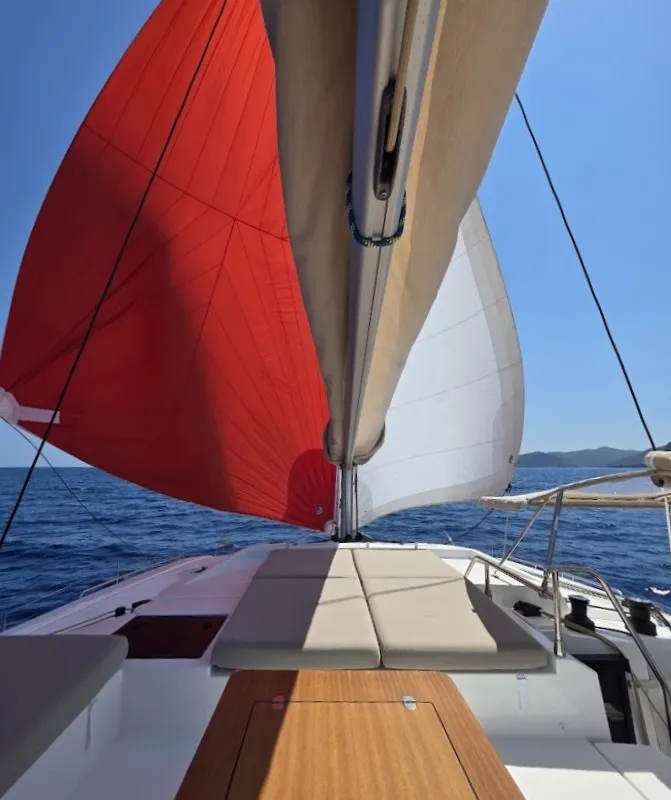 Deck of Fugu II, a Fountaine Pajot Elba 45 catamaran at Municipal Unit of Rhodes, Greece