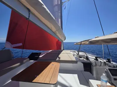 Deck of Fugu II, a Fountaine Pajot Elba 45 catamaran at Municipal Unit of Rhodes, Greece