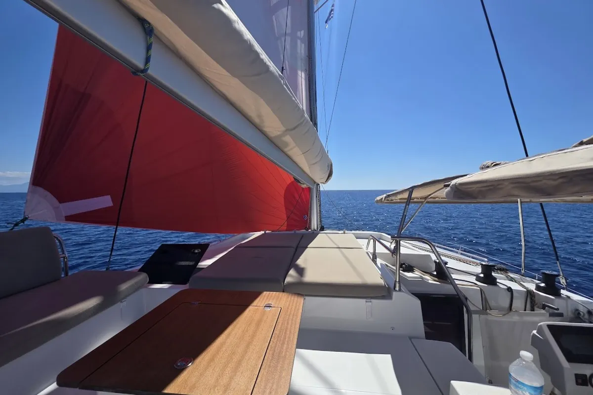 Deck of Fugu II, a Fountaine Pajot Elba 45 catamaran at Municipal Unit of Rhodes, Greece