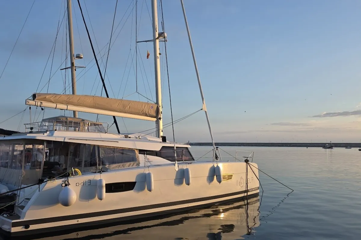 Exterior view of Fugu II, a Fountaine Pajot Elba 45 catamaran at Municipal Unit of Rhodes, Greece