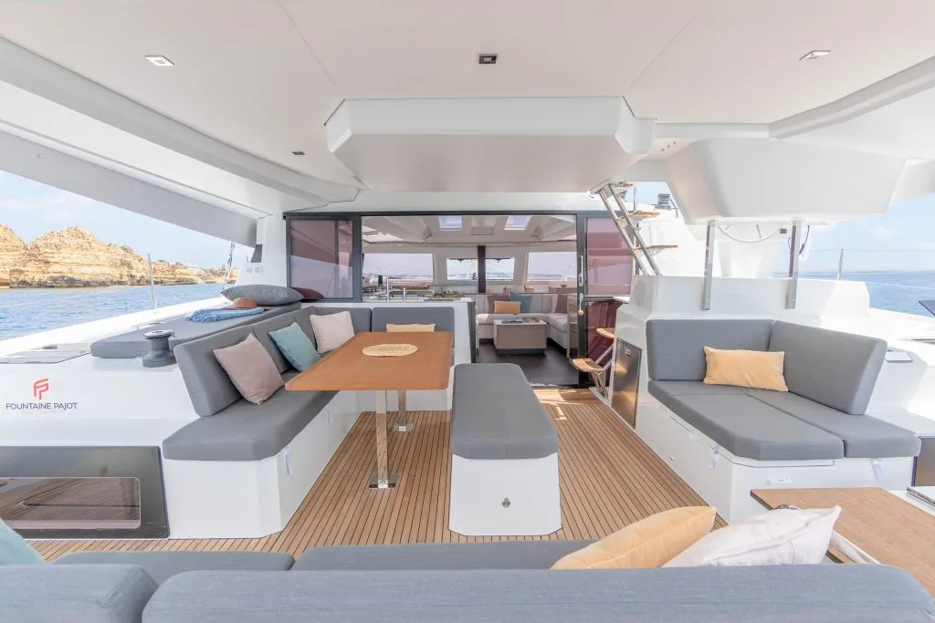 Deck of Fugu II, a Fountaine Pajot Elba 45 catamaran at Municipal Unit of Rhodes, Greece