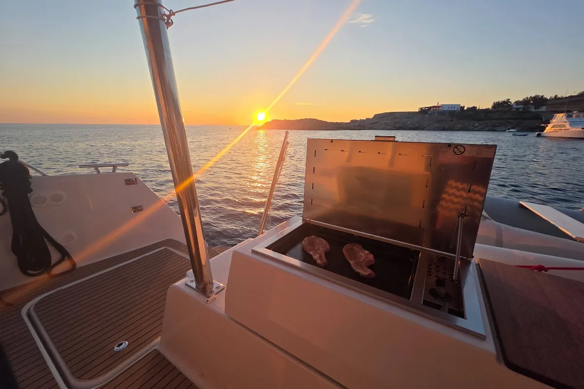 Deck of Fugu II, a Fountaine Pajot Elba 45 catamaran at Municipal Unit of Rhodes, Greece