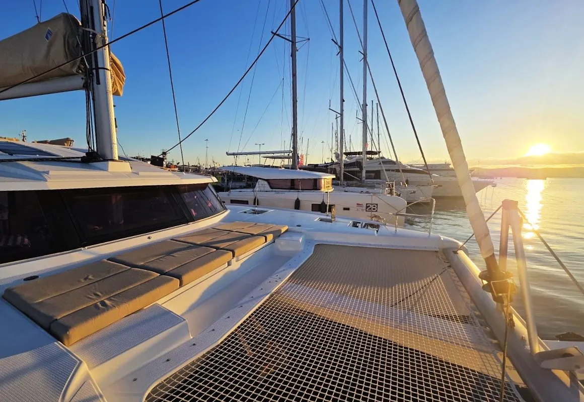 Deck of Fugu II, a Fountaine Pajot Elba 45 catamaran at Municipal Unit of Rhodes, Greece