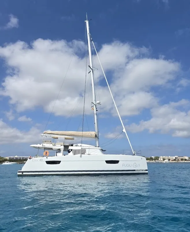 Exterior view of Fugu II, a Fountaine Pajot Elba 45 catamaran at Municipal Unit of Rhodes, Greece