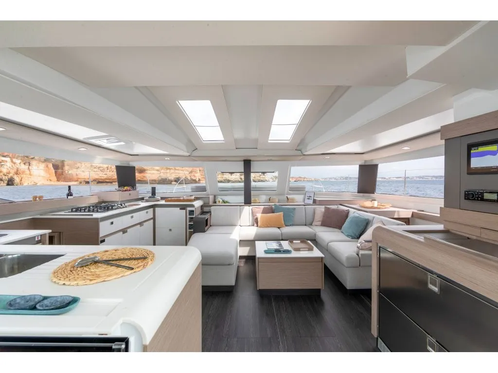 Salon of Fugu II, a Fountaine Pajot Elba 45 catamaran at Municipal Unit of Rhodes, Greece