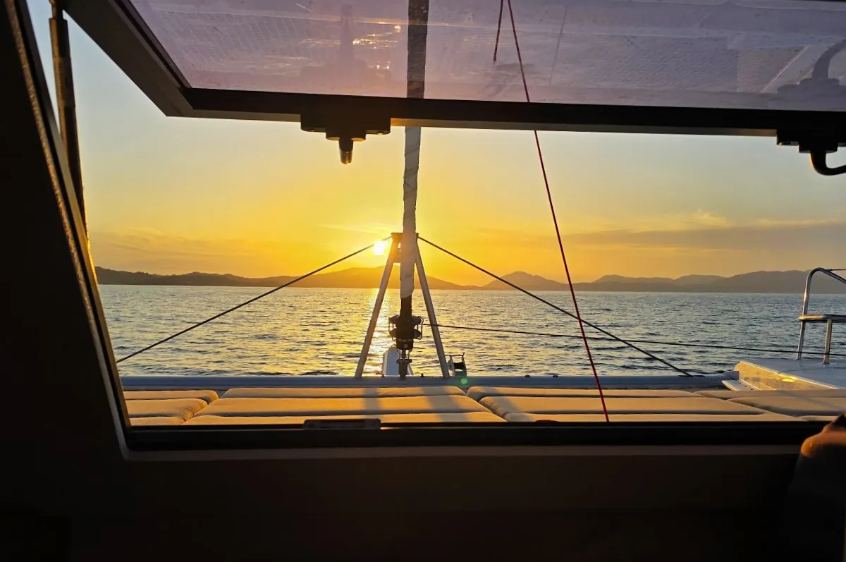 Deck of Fugu II, a Fountaine Pajot Elba 45 catamaran at Municipal Unit of Rhodes, Greece