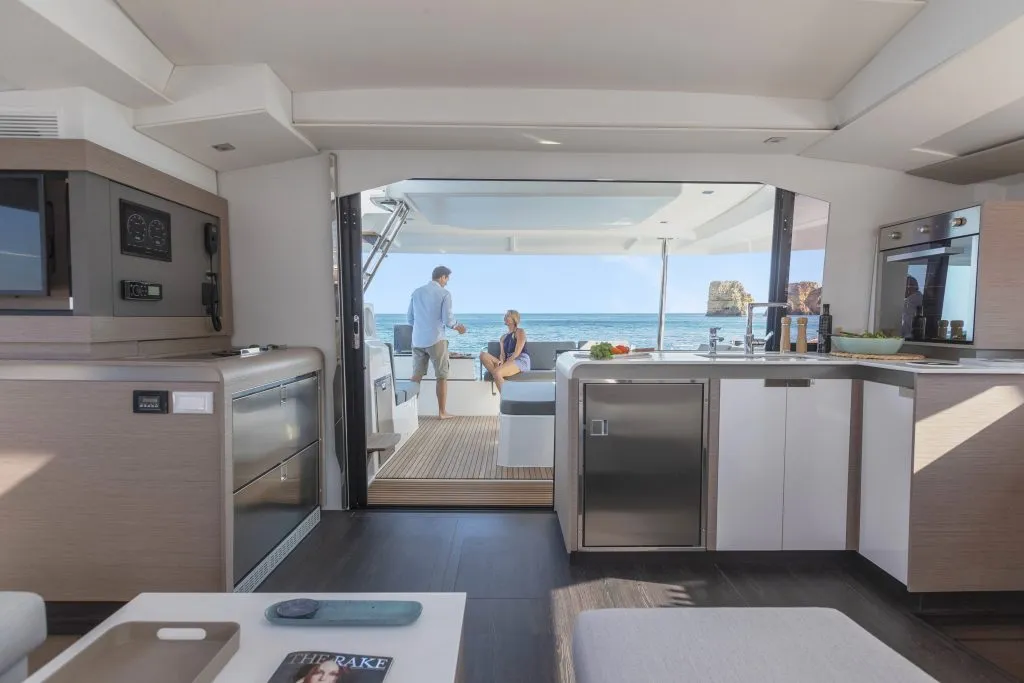 Salon of Fugu II, a Fountaine Pajot Elba 45 catamaran at Municipal Unit of Rhodes, Greece