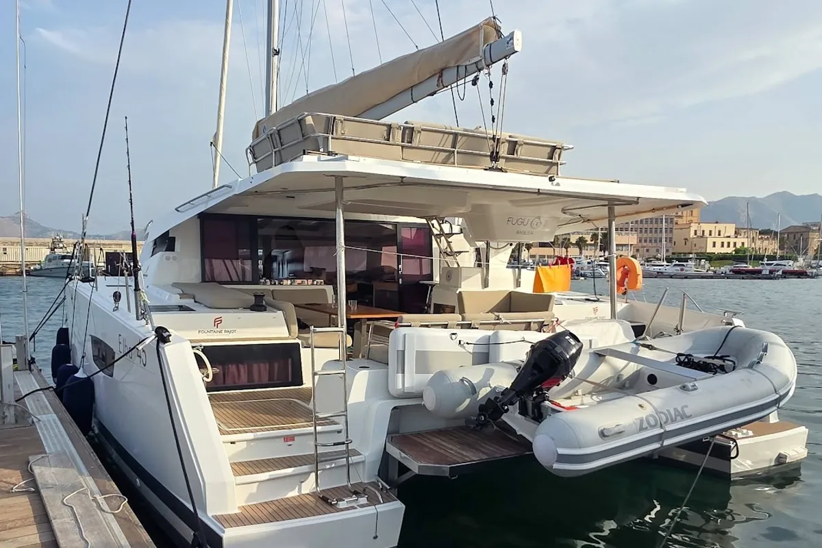 Exterior view of Fugu II, a Fountaine Pajot Elba 45 catamaran at Municipal Unit of Rhodes, Greece