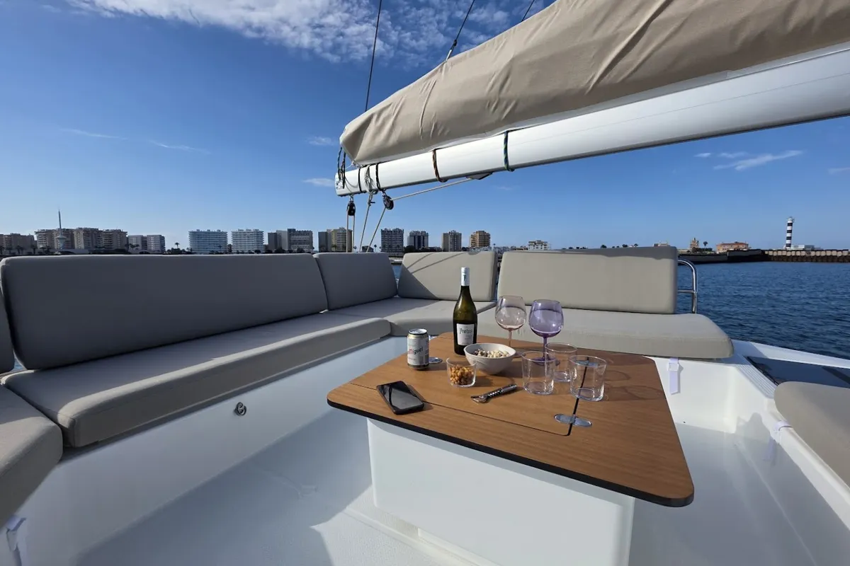 Deck of Fugu II, a Fountaine Pajot Elba 45 catamaran at Municipal Unit of Rhodes, Greece