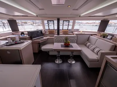 Salon of Sissy, a Fountaine Pajot Astréa 42 catamaran at Municipal Unit of Lefkada, Greece