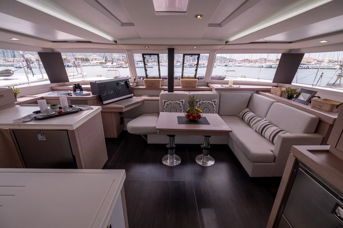 Salon of Sissy, a Fountaine Pajot Astréa 42 catamaran at Municipal Unit of Lefkada, Greece