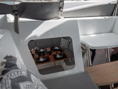 Deck of Sissy, a Fountaine Pajot Astréa 42 catamaran at Municipal Unit of Lefkada, Greece