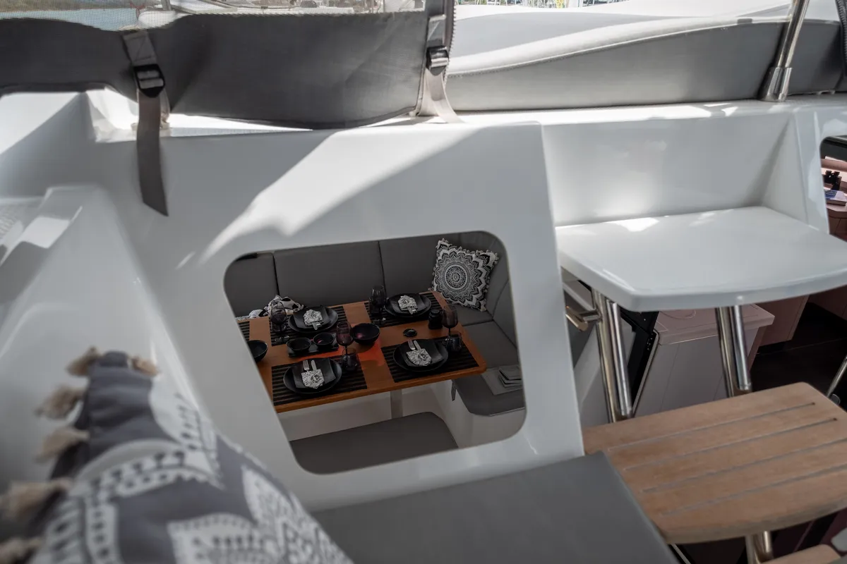 Deck of Sissy, a Fountaine Pajot Astréa 42 catamaran at Municipal Unit of Lefkada, Greece