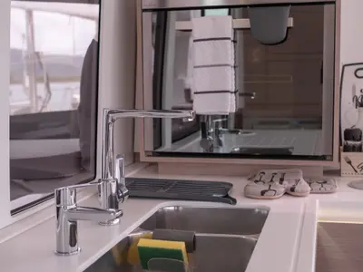 Galley of Sissy, a Fountaine Pajot Astréa 42 catamaran at Municipal Unit of Lefkada, Greece