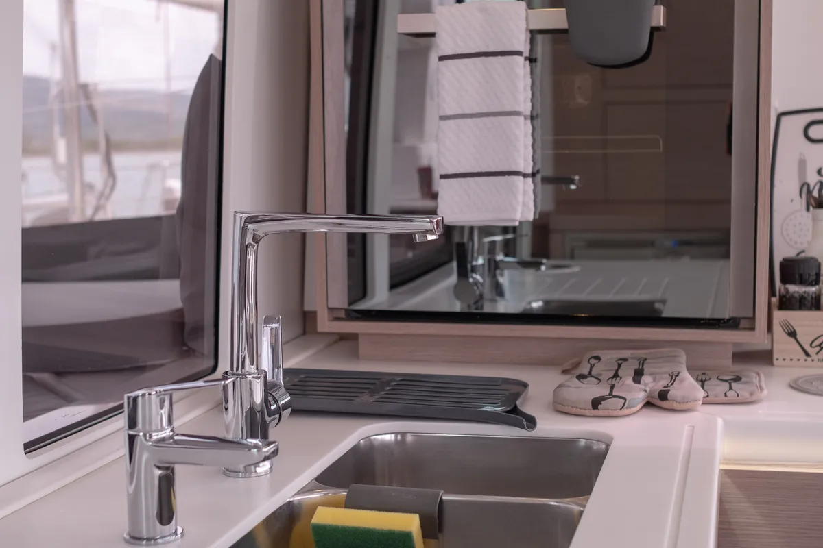 Galley of Sissy, a Fountaine Pajot Astréa 42 catamaran at Municipal Unit of Lefkada, Greece