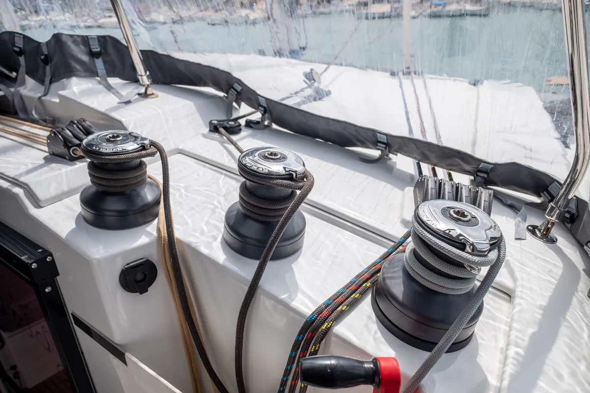 Deck of Sissy, a Fountaine Pajot Astréa 42 catamaran at Municipal Unit of Lefkada, Greece