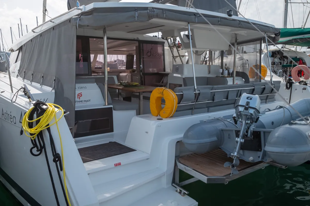 Exterior view of Sissy, a Fountaine Pajot Astréa 42 catamaran at Municipal Unit of Lefkada, Greece