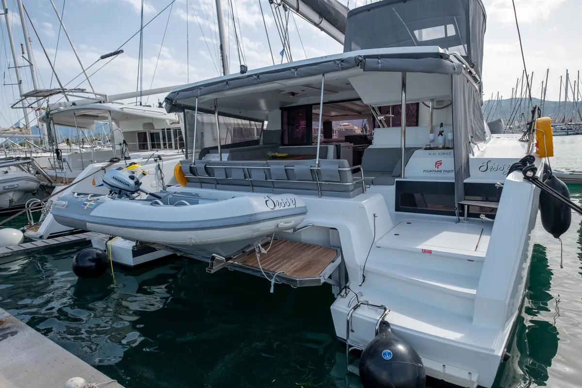 Exterior view of Sissy, a Fountaine Pajot Astréa 42 catamaran at Municipal Unit of Lefkada, Greece