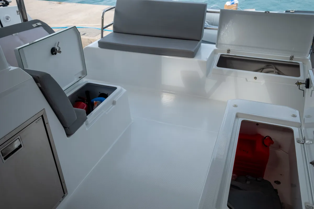 Deck of Sissy, a Fountaine Pajot Astréa 42 catamaran at Municipal Unit of Lefkada, Greece