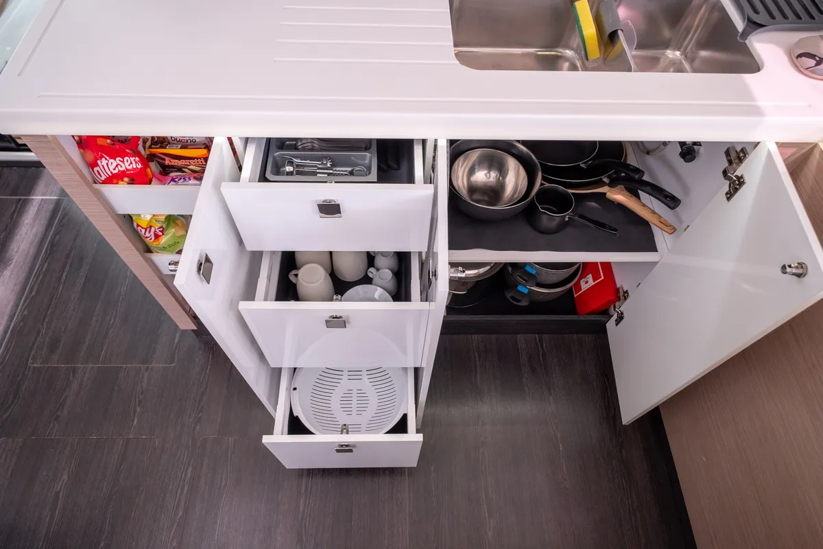 Galley of Sissy, a Fountaine Pajot Astréa 42 catamaran at Municipal Unit of Lefkada, Greece