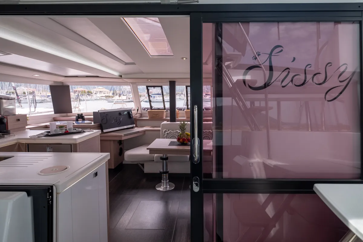 Salon of Sissy, a Fountaine Pajot Astréa 42 catamaran at Municipal Unit of Lefkada, Greece