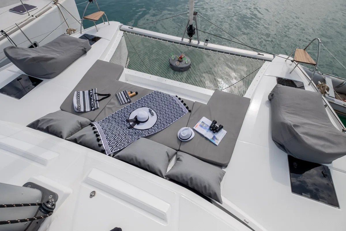 Deck of Sissy, a Fountaine Pajot Astréa 42 catamaran at Municipal Unit of Lefkada, Greece