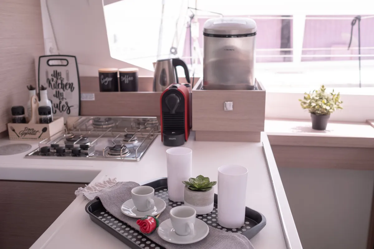 Galley of Sissy, a Fountaine Pajot Astréa 42 catamaran at Municipal Unit of Lefkada, Greece