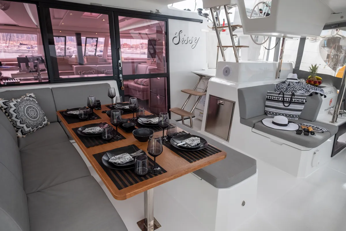 Salon of Sissy, a Fountaine Pajot Astréa 42 catamaran at Municipal Unit of Lefkada, Greece
