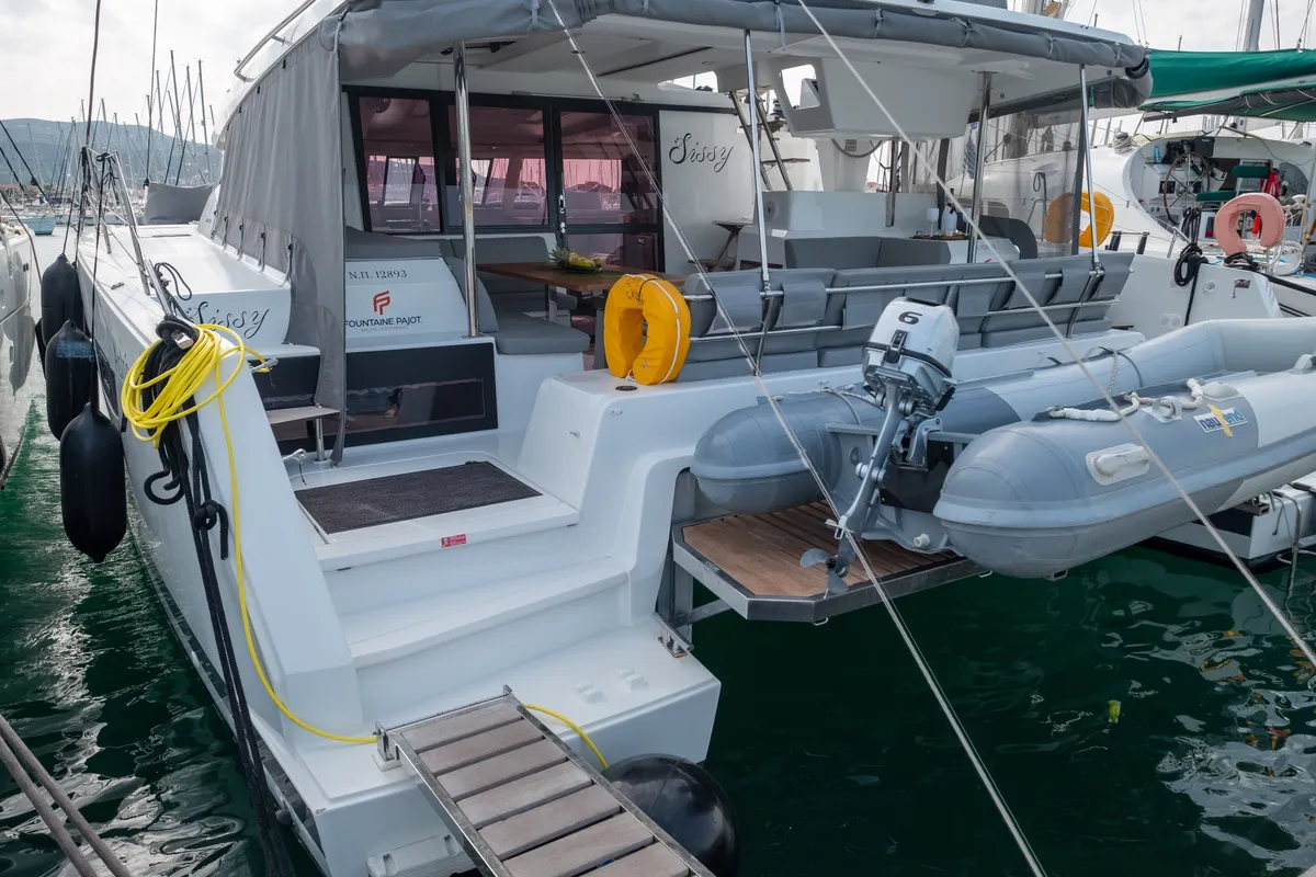 Exterior view of Sissy, a Fountaine Pajot Astréa 42 catamaran at Municipal Unit of Lefkada, Greece