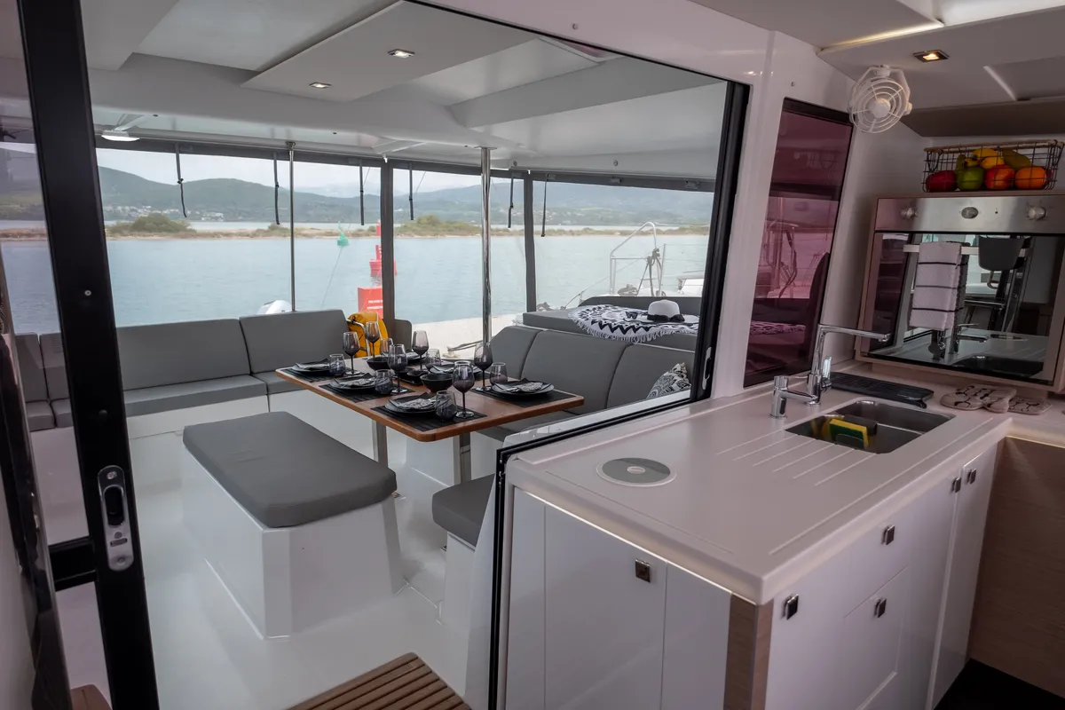 Galley of Sissy, a Fountaine Pajot Astréa 42 catamaran at Municipal Unit of Lefkada, Greece