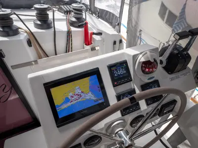 Cockpit of Sissy, a Fountaine Pajot Astréa 42 catamaran at Municipal Unit of Lefkada, Greece
