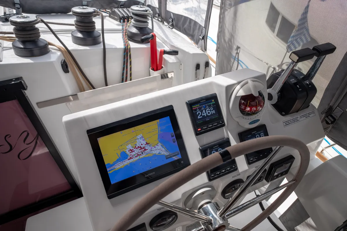 Cockpit of Sissy, a Fountaine Pajot Astréa 42 catamaran at Municipal Unit of Lefkada, Greece