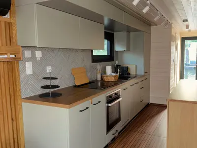 Galley of Roxy, a Woma D13 motorboat at Fürstenberg/Havel, Germany