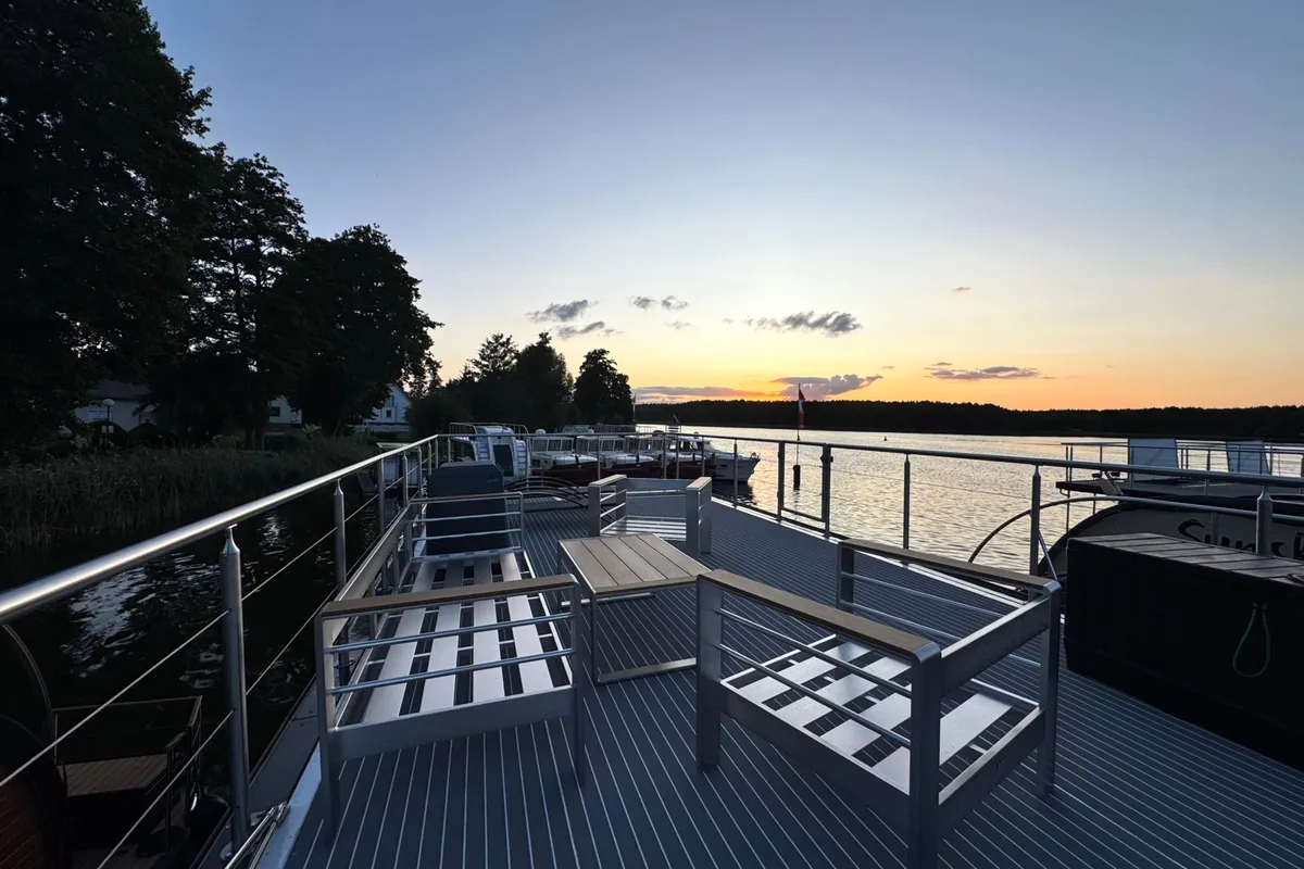 Deck of Roxy, a Woma D13 motorboat at Fürstenberg/Havel, Germany