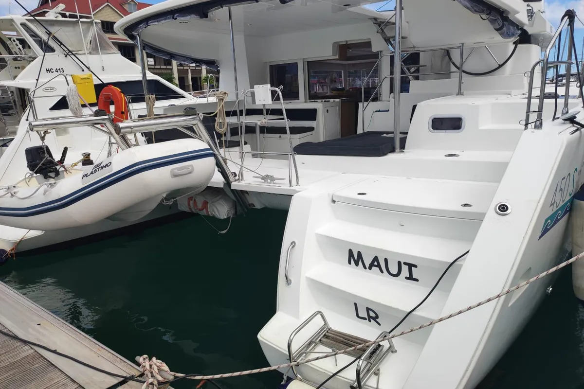 Exterior view of Maui, a Lagoon 450 Sport catamaran at Roche Caiman, Seychelles