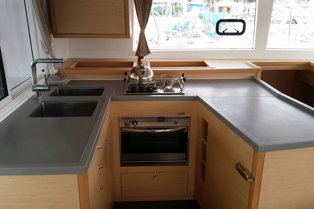 Galley of Maui, a Lagoon 450 Sport catamaran at Roche Caiman, Seychelles