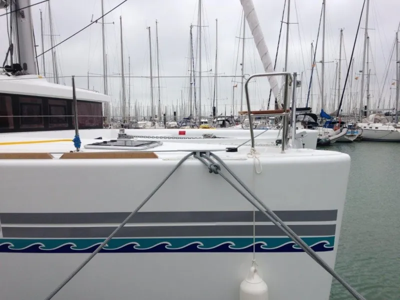 Exterior view of Maui, a Lagoon 450 Sport catamaran at Roche Caiman, Seychelles