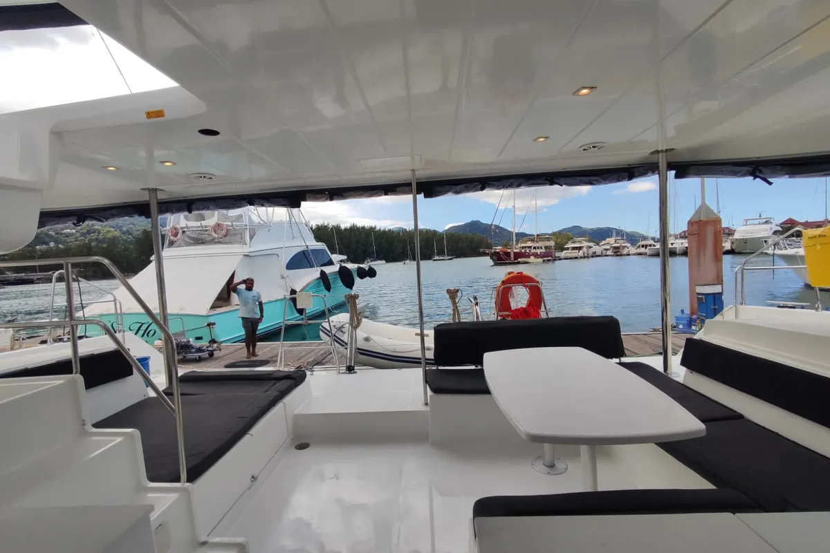 Deck of Maui, a Lagoon 450 Sport catamaran at Roche Caiman, Seychelles