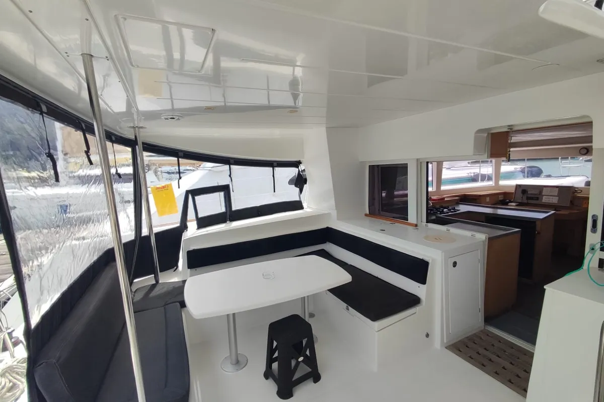 Deck of Maui, a Lagoon 450 Sport catamaran at Roche Caiman, Seychelles